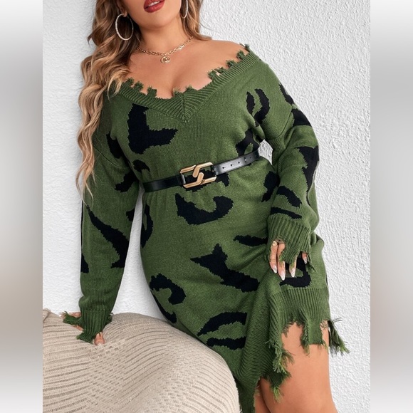 Plus Size V Neck Leopard Pattern Distressed Sweater Dress Without Belt - Picture 12 of 16